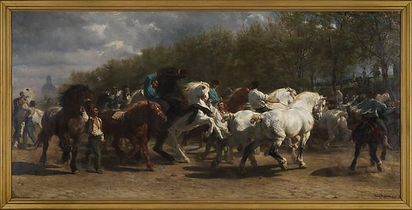 A wide nineteenth-century painting of muscular draught horses being led at a market, rearing and straining against their handlers.