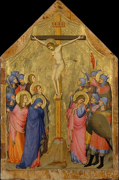 A fourteenth-century painted Crucifixion on a gold ground, attributed to an unnamed artist known only as the Master of the Codex of Saint George.
