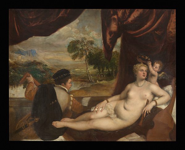 A reclining nude woman looks away while a clothed male musician turns from his lute to look at her.